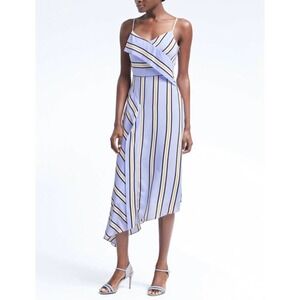 Banana Republic Dress Petite 10 Blue Yellow Black Striped Sleeveless Asymmetric